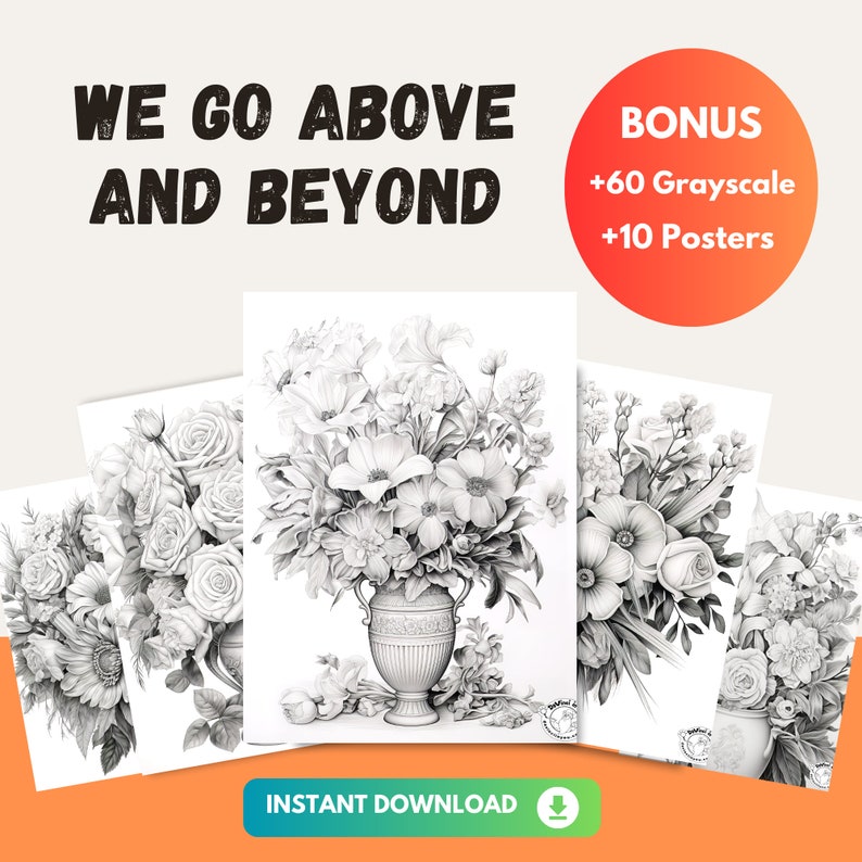 60 Floral Coloring Pages BONUS 10 Tile Posters and 60 Grayscale / Ultra ...