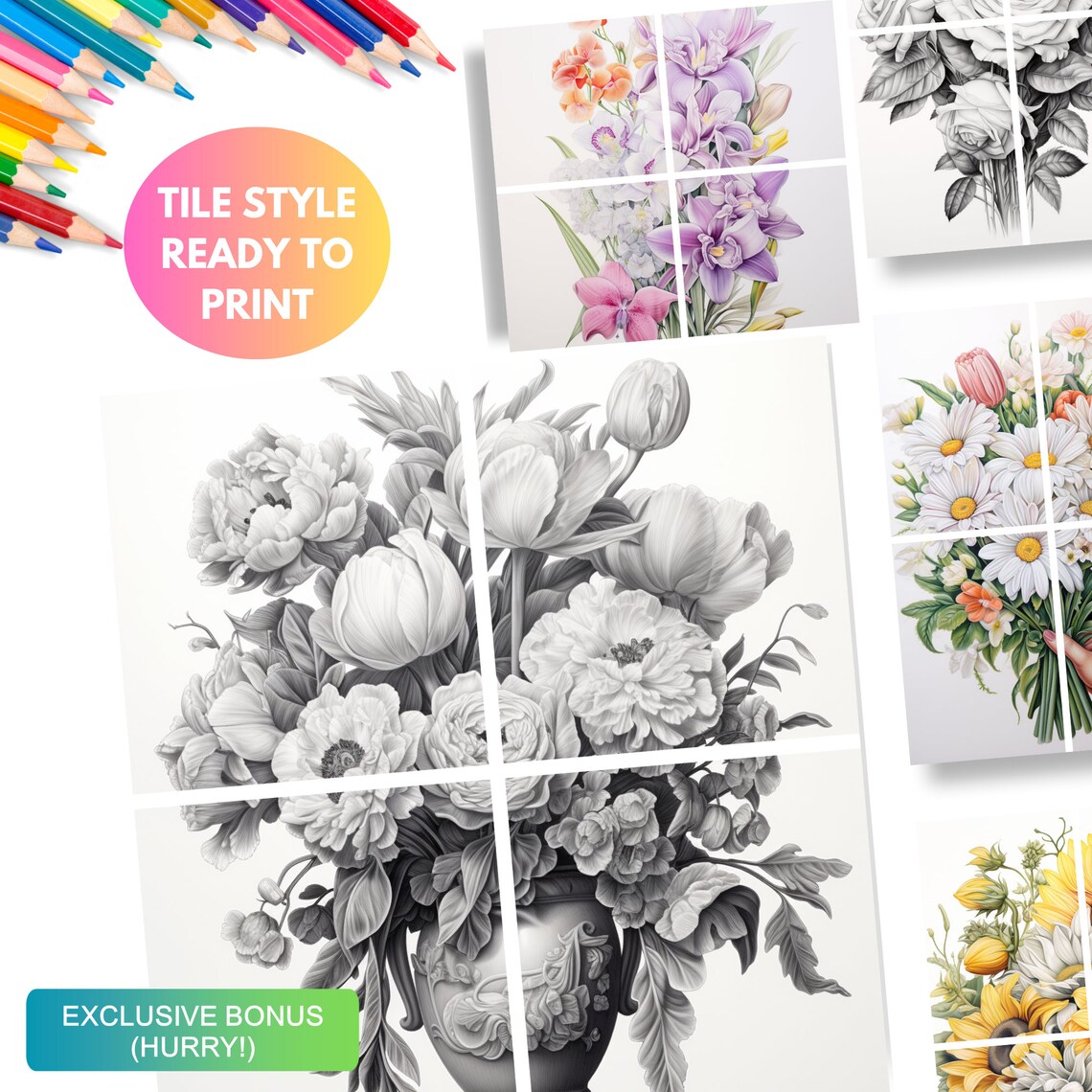 60 Floral Coloring Pages BONUS 10 Tile Posters and 60 Grayscale / Ultra ...