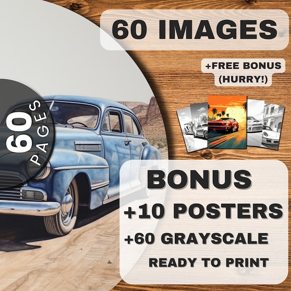 60 Cars Coloring Pages PLUS 10 Tile Style Posters / Includes Grayscale / Ultra HD images / Download ready for Kids and Adults! Speed up.