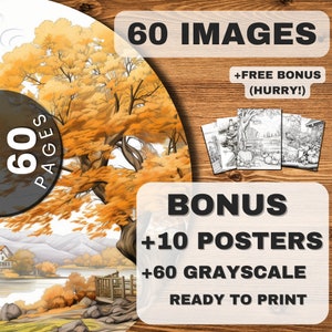 60 Fall Coloring Pages PLUS 10 Tile Style Posters / Includes Grayscale / Ultra HD images / Download ready for Adults - Relax Autumn themed!