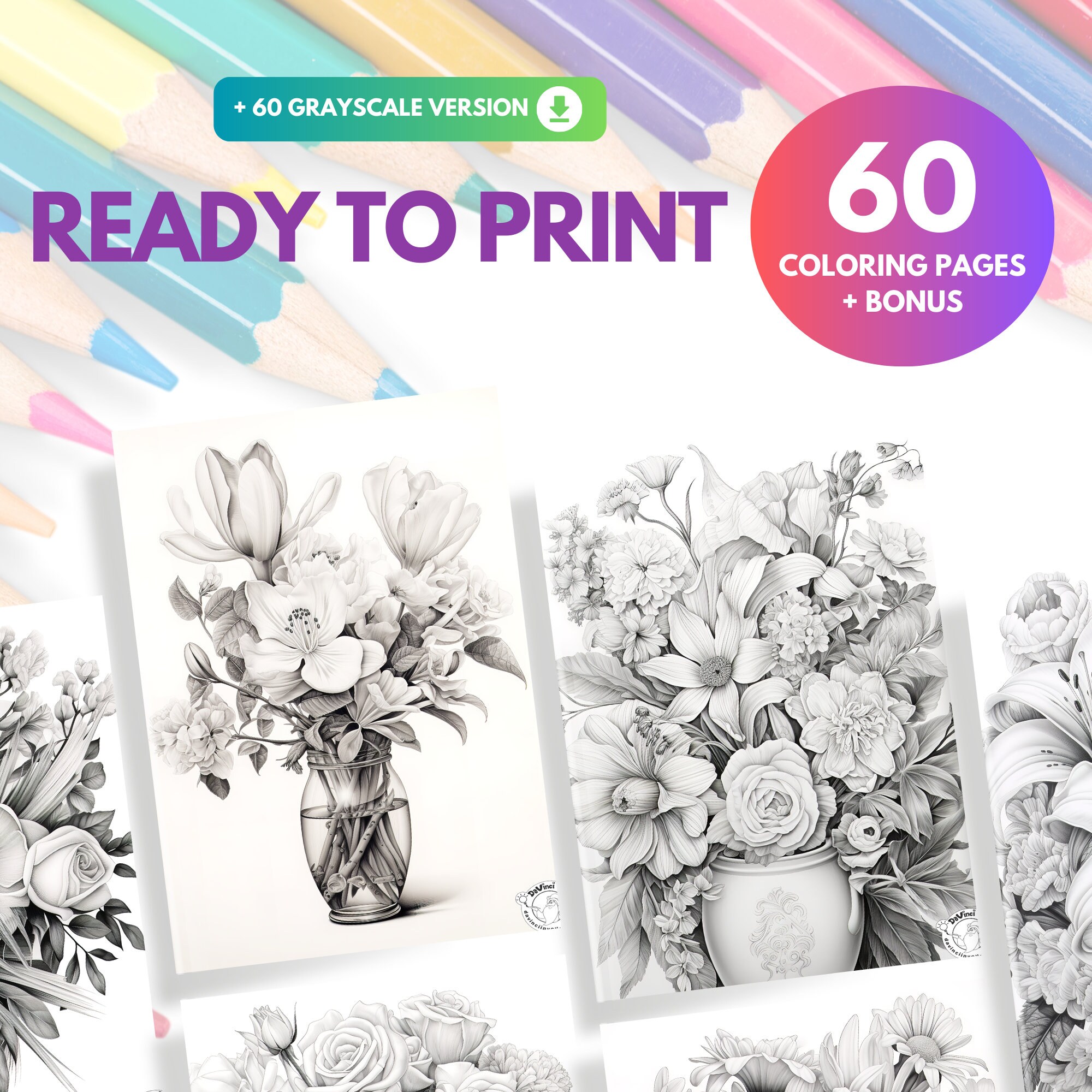 60 Floral Coloring Pages BONUS 10 Tile Posters and 60 Grayscale / Ultra ...
