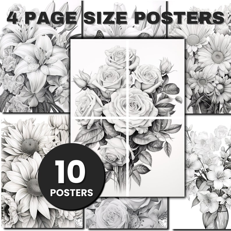 60 Floral Coloring Pages BONUS 10 Tile Posters and 60 Grayscale / Ultra ...