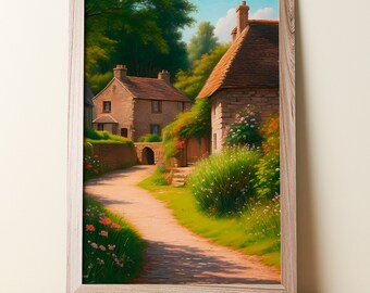 Village Oil Painting | Wall Decor | Digital Prints | Printable Art | Digital Download