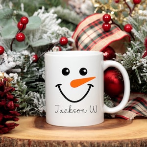 Kids Hot Chocolate Snowman Personalized Christmas Coffee Mug, Cute Snowman Coffee Cups, Kids Secret Santa Hot Cocoa Cup, Snowman Face Mug