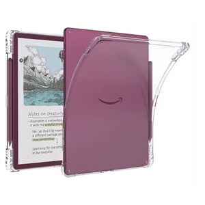 Puede incluir: Un lector electr&oacute;nico de color ciruela con una funda protectora transparente y flexible. La pantalla muestra una ilustraci&oacute;n de un paisaje monta&ntilde;oso y el texto Notes on creativity, Inspiration is everywhere, We can find it by viewing, y now perspective.