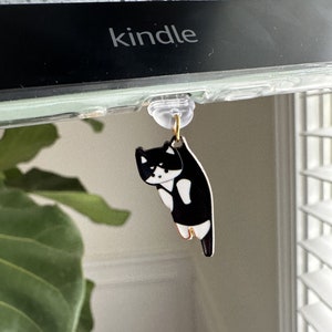May include: A black and white cat charm hanging from a clear plastic case with the word "kindle" on it.