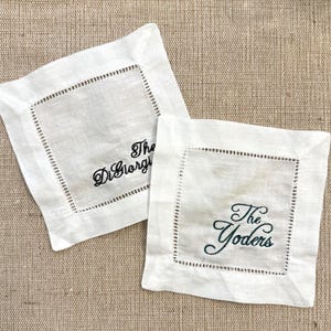 Personalized Linen Cocktail Napkins – Custom Embroidered with Last Name – Wedding, Housewarming, Hostess Gift, Bar Cart Decor