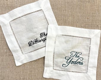 Personalized Linen Cocktail Napkins – Custom Embroidered with Last Name – Wedding, Housewarming, Hostess Gift, Bar Cart Decor