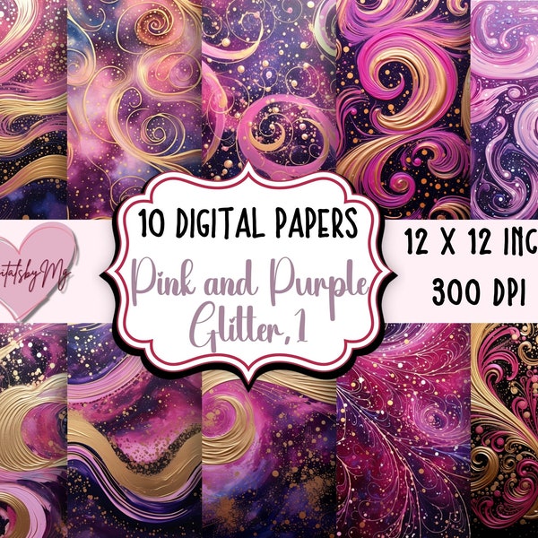 Pink and Purple Glitter Digital Paper Series 1, Whimsical Celestial Swirls, Instantly Downloadable, Commercial Use, Digital Scrapbooking