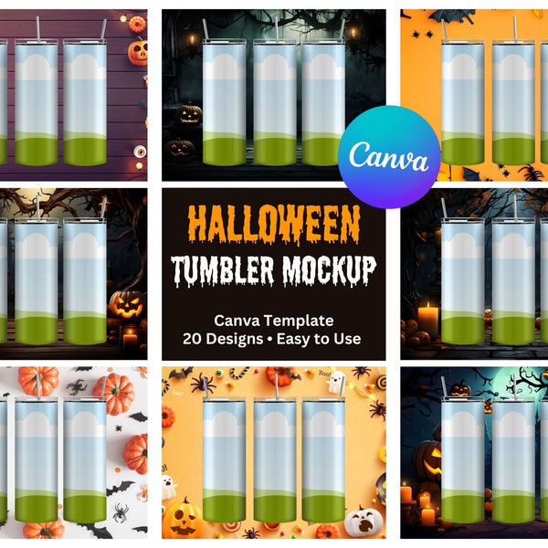 20x Halloween Straight Tumbler Mockup Bundle, Canva Tumbler Template, Easy to Use Mockup, Halloween Mockup Backgrounds, Instant Access