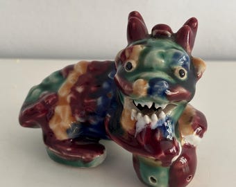 Figura vintage china de dragón y perro Foo de la suerte con bola - Wucai
