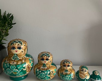 5 Green/Gold Matryoshka Babushka Russian Nesting Dolls - Decorative - Wooden - Hand Painted