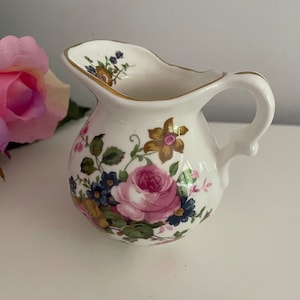 Vintage Fenton Floral Bone China Milk Jug; Creamer - Gold Edging