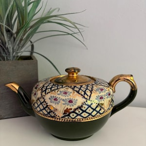 Antique Green & Gold Lattice Design Teapot - Hanpainted Flowers and Beaded