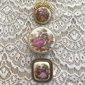 Vintage 3 Piece Fragonard Porcelain Top Pillbox, Brooch & Sugared Scarf Ring