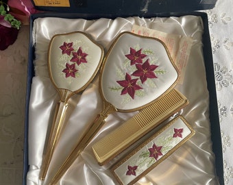 Vintage Delina Dressing Table/Vanity Set - Embroidered Hand brush, Clothes Brush, Mirror And Comb - Boxed