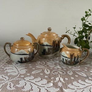Vintage Japanische Lustreware; Teekanne, Milchkännchen und Zuckerdose - Handbemalt - 1930