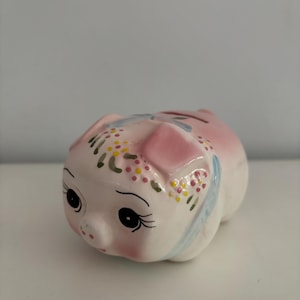 Vintage Ceramic Pink Piggy Bank - Small Kitsch Pig 1970s
