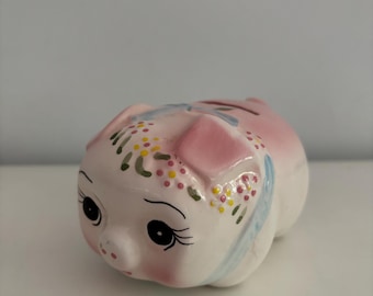Vintage Ceramic Pink Piggy Bank - Small Kitsch Pig 1970s