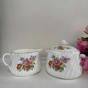 Vintage Minton Sugar Bowl & Milk Jug Set - Old Marlow Pattern? Black Globe Stamp - Swirl, Gold Trim c1912-1950