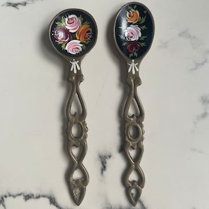Pair Of Art Love Spoons, Vintage Hand Painted On Brass, Made In Wales