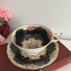 Vintage Paragon China Minuet Tea Cup & Saucer - Black Floral Design - Appt HM Queen and HM Queen Mary
