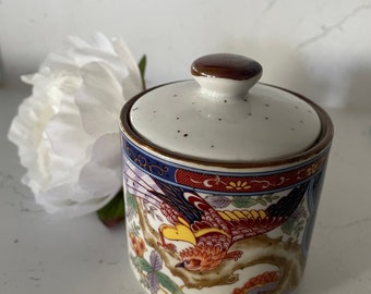 A Vintage Japanese Lidded Imari Ware Pot with a Mythical Phoenix Bird Design