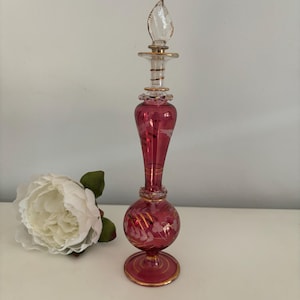 Vintage 9” Egyptian Red Perfume Bottle - Handmade Decorative Art Glass - Painted Gold Detail