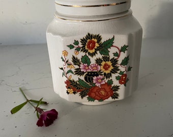 Vintage James Sadler Square Canister/Tea Caddy With Red, Yellow Floral Peony