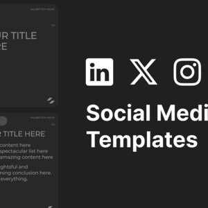 May include: Social media templates for LinkedIn, Twitter, and Instagram. The templates feature a black and white color scheme with geometric shapes and text that says "Your Title Here".