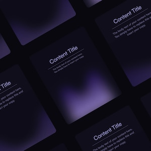 May include: Five dark purple cards with rounded corners and a gradient effect. Each card has the text "Content Title" and the text "The body text of your content here. You simply have to replace this and insert your copy."