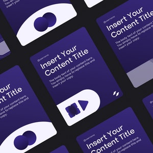 May include: Five purple and white social media post templates with the text "Insert Your Content Title" and the words "The body text of your content here. You simply have to replace this and insert your copy."  Each template features a different graphic element, including circles, a play button, and a hexagon.