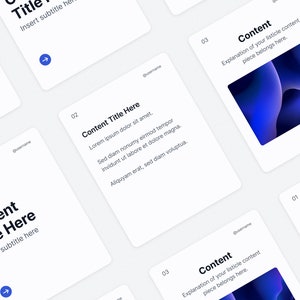 May include: Four white cards with rounded corners, each with a different design. The top card has the text "Title" and "Insert subtitle here". The second card has the text "Content Title Here" and a paragraph of text. The third card has the text "Content" and a blue and black abstract design. The fourth card has the text "Insert Content Title Here" and "Insert subtitle here".