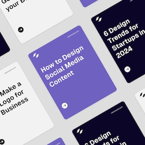May include: Six purple, white, and black cards with rounded corners and white arrows pointing to the right. The cards have text that reads "How to Design Social Media Content", "How to Make a Good Logo for your Business", "6 Design Trends for Startups in 2024", and "How to Good your", with the last card's text cut off.