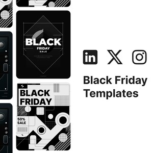 May include: Four black and white graphic design templates for social media posts promoting a Black Friday sale. The templates feature geometric shapes, lines, and text that says "Black Friday Sale".