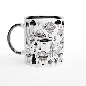 Mushroom Coffee Mug with Black Inside/Handle (11oz.), House Warming and Birthday Gift, Ceramic Tea Cup, Mushroom Gift, Cottagecore Aesthetic
