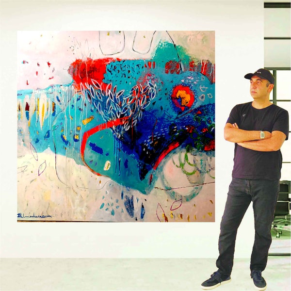 « Peinture à l'huile colorée abstraite, grande oeuvre d'art abstrait original, peinture minimaliste, très grande oeuvre d'empâtement » par SuccessBKArtGallery