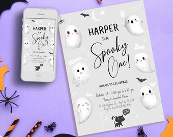 Editable Halloween Gray Spooky One Ghost Birthday Party Invitation, First Birthday Invite, Cute Ghost Invite, 1st Bday Printable Download