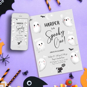 Editable Halloween Gray Spooky One Ghost Birthday Party Invitation, First Birthday Invite, Cute Ghost Invite, 1st Bday Printable Download