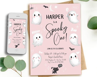 Editable Halloween Pink Spooky One Ghost Birthday Party Invitation, First Birthday Invite, Cute Ghost Invite, 1st Bday Printable Download