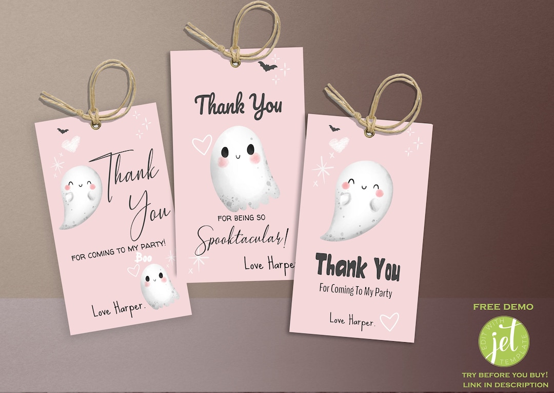 Editable Halloween Pink Spooky One Thank You Tag, Cute Ghost Birthday ...