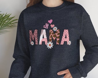 Moletom Mama, Moletom Mama Leopardo, Moletom Mama retrô com gola redonda, Moletom para o Dia das Mães, Moletom Mama com estampa floral retrô, Presente.