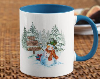 Snowman with trees Retro Coffee Mug, 11oz , Vintage Christmas mug, Christmas coffee mug, Winter coffee mug.