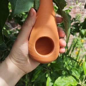 Peut inclure: Un nichoir en terre cuite de couleur terracotta, en forme de goutte d'eau, avec une ouverture circulaire. Le nichoir est présenté sur un fond de feuilles vertes et de mur de briques, suggérant un cadre extérieur. Le design est simple et rustique.