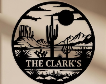 Desert Sunset Family Sign, Custom Metal Wall Art, Ranch Entryway Decor, Cactus Scene Wall Decor, Country Home Sign, Personalized Gifts