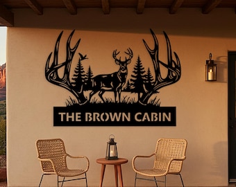 Deer Cabin Metal Sign, Custom Lodge Sign, Rustic Antler Wall Decor, Cabin Outdoor Decor, Above Fireplace Decor, Hunting Shed Gift for Him
