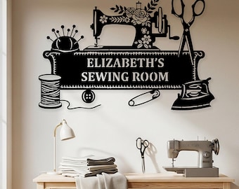 Custom Sewing Room Metal Sign, Personalized Name Wall Art, Custom Sewist Studio Sign, Sew Gifts, Retro Sewing Wall Art, Sewing Gifts