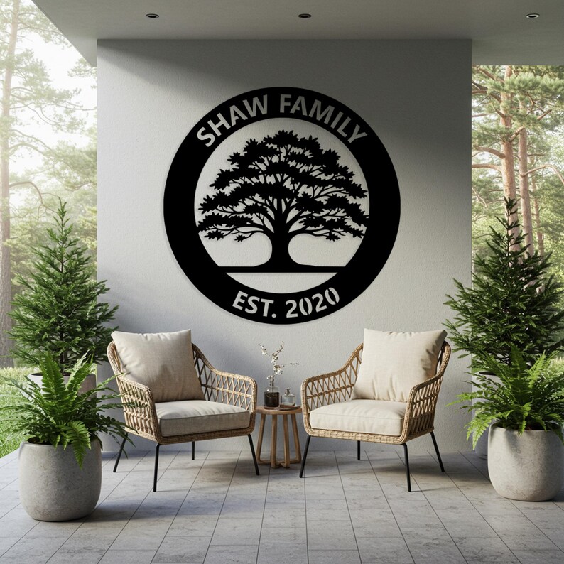 Custom Family Tree Metal Sign, Personalized Name Wall Art, Round Tree ...