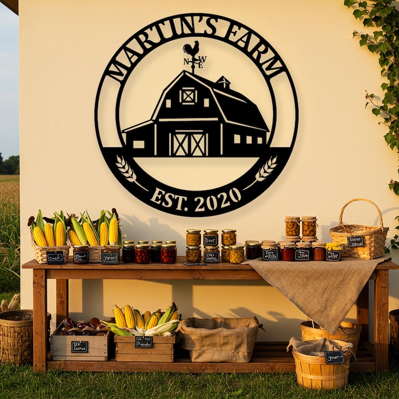 May include: A black metal sign with the words "Martin's Farm" encircling a barn silhouette, a rooster weathervane, and the text "EST. 2020." The sign is mounted on a wall. A wooden table displays baskets of corn and jars of preserves.