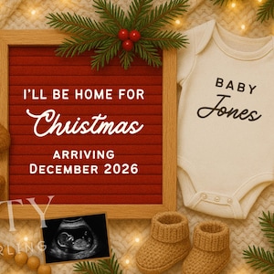 Winter Weihnachten Schwangerschaft Ankündigung aufgrund Dezember Baby Ankündigung Geschlecht offenbaren Baby kommen Urlaub Social Media Reveal bearbeitbarer Druck